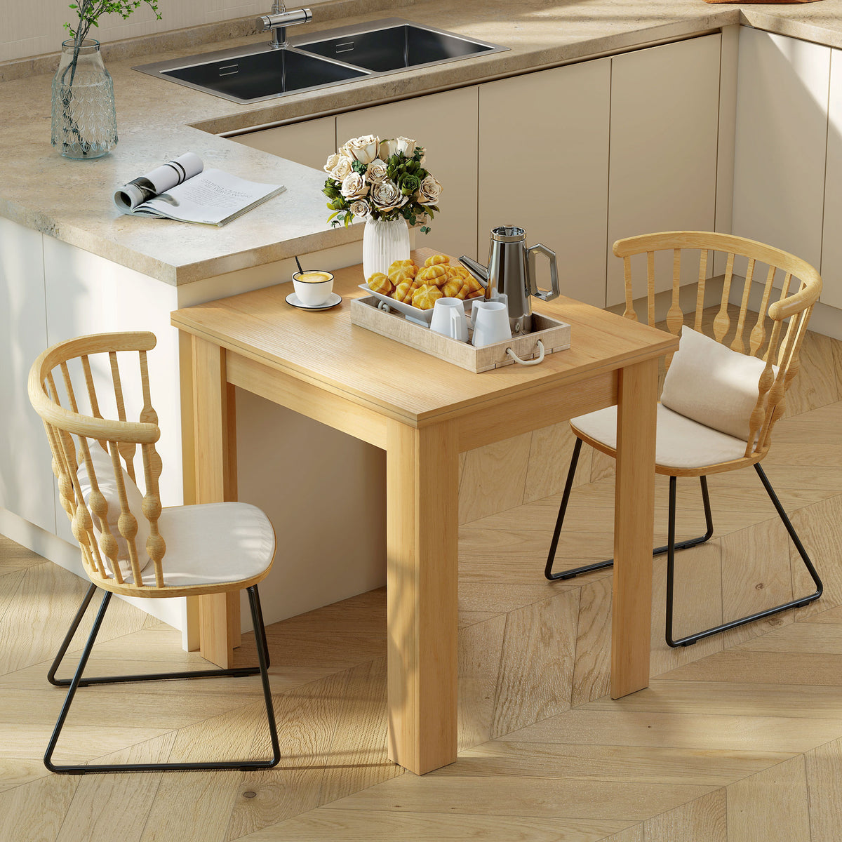 Table à manger extensible rectangle pour 4 à 6 personnes, table de cuisine 70-140 cm, patins en feutre, bois naturel-6