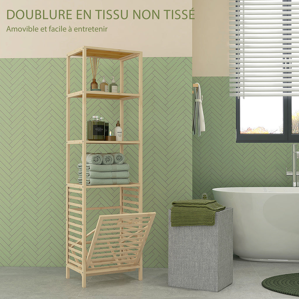 Etagère de rangement pour salle de bain en bambou avec 3 étagères et 1 panier à linge amovible 44L x 33l x 160H cm-4