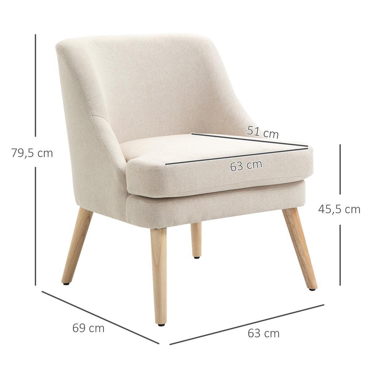 Fauteuil Scandinave Confortable pour Salon et Chambre, Pieds en Bois Massif, Revêtement en Tissu Lin, Beige-2
