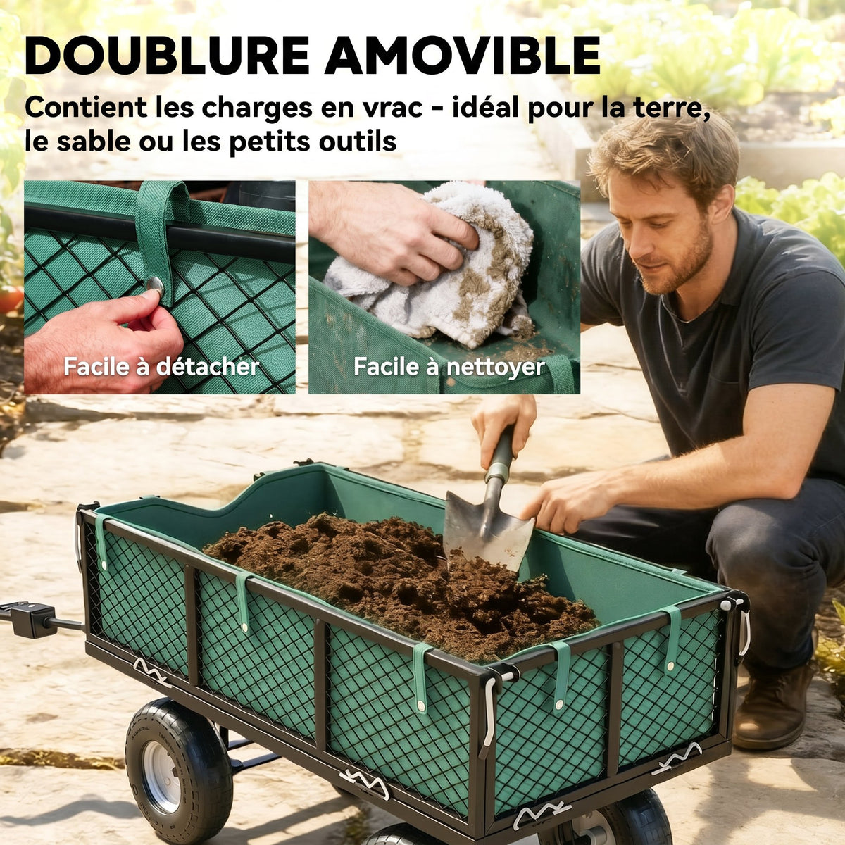 Chariot de Jardin 300 kg, Chariot Remorque avec Bâche Amovible et Poignée Rotative à 180°, Parois Rabattables, Vert-4