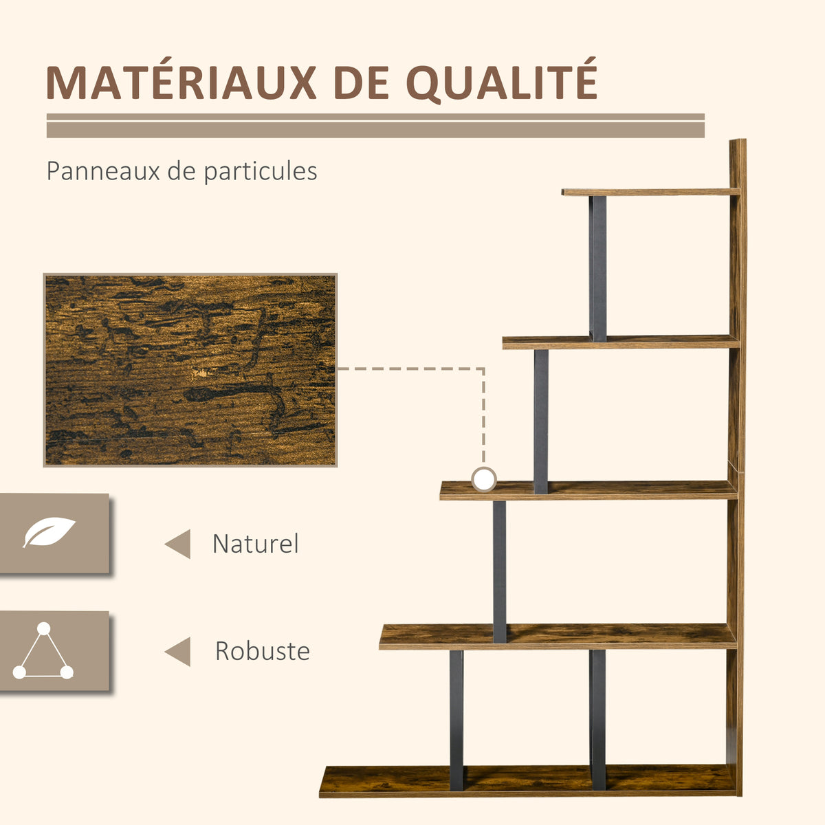 Étagère bibliothèque séparateur de pièce style industriel en escalier 5 étagères 102 x 30 x 160 cm, brun rustique-4