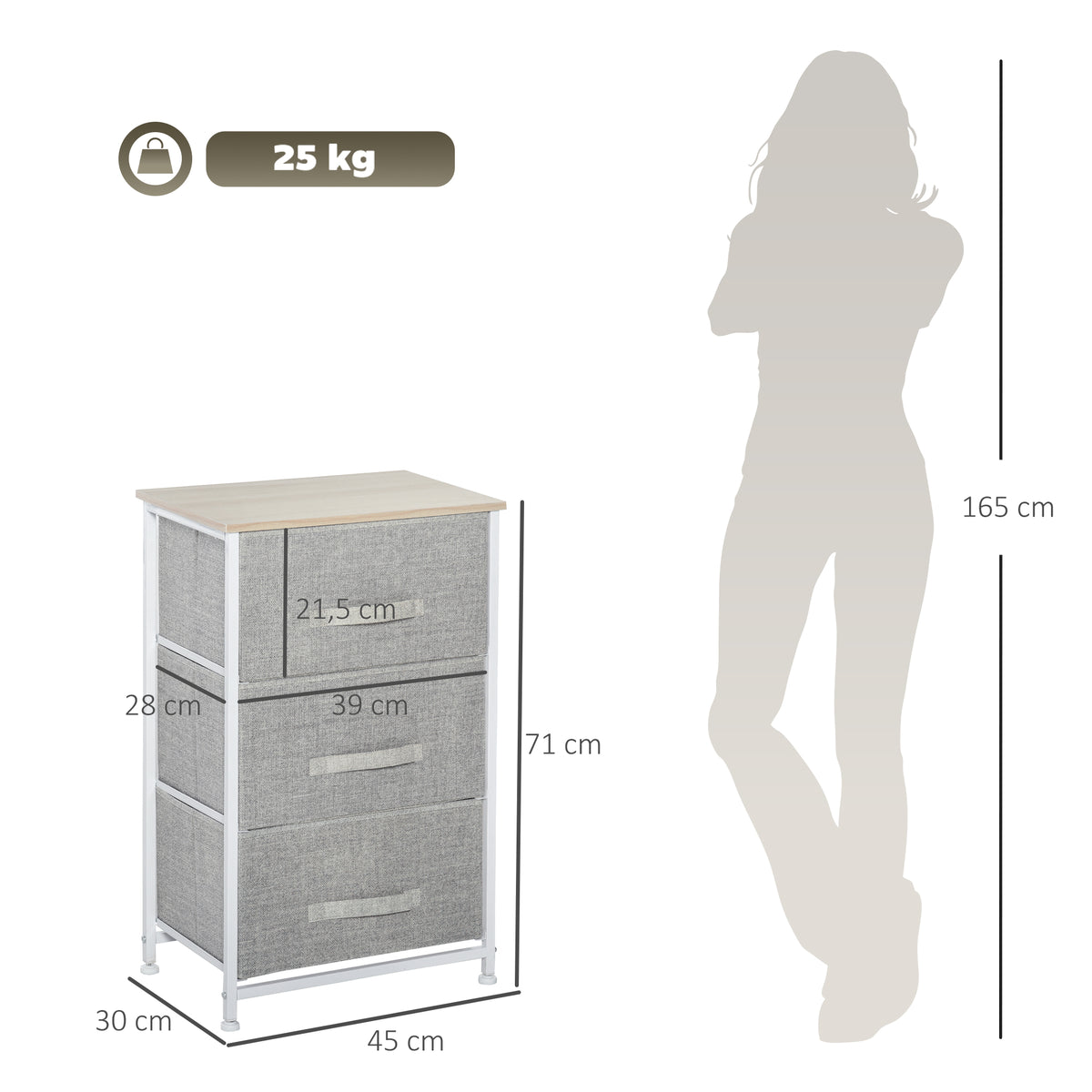 Meuble de rangement chiffonnier moderne 3 tiroirs en tissu, cadre en acier et MDF, 45 x 30 x 71 cm, gris-2