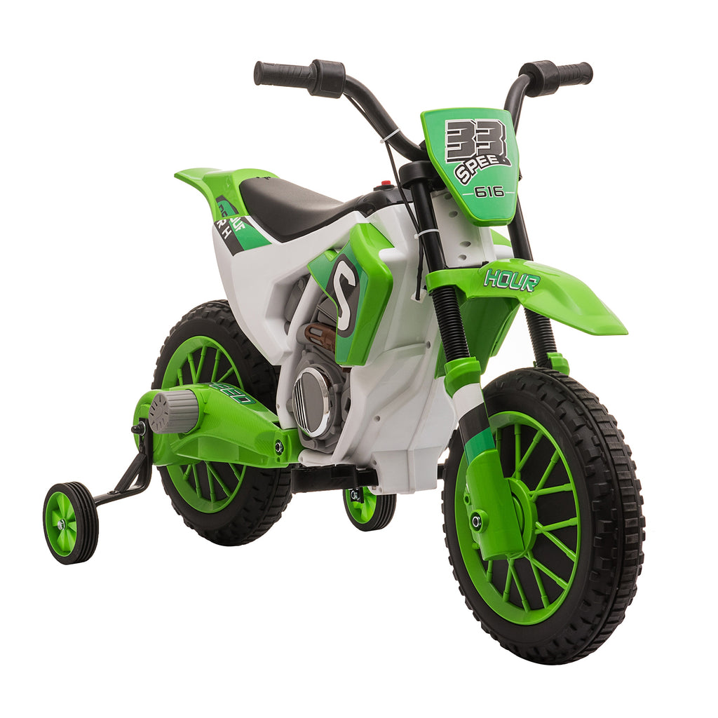 Moto Cross électrique pour Enfant 3 à 5 Ans 12 V 3-8 Km/h avec roulettes latérales Amovibles dim. 106,5L x 51,5l x 68H cm Vert-0