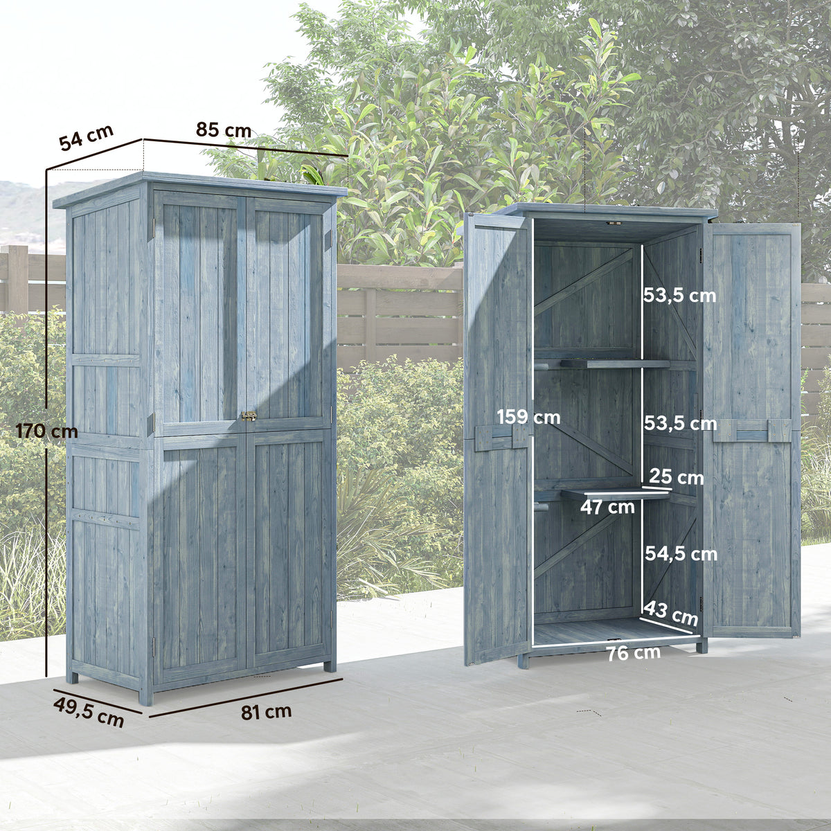 Armoire de jardin, armoire extérieure de rangement en bois avec 2 portes verrouillables, 2 étagères et 10 crochets, gris-2