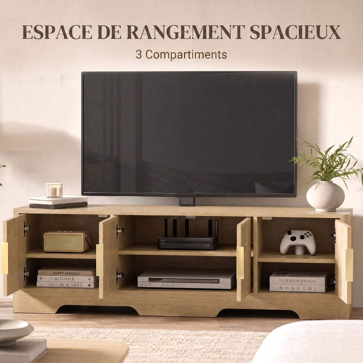 Meuble TV 140 cm, Meuble Télé pour Téléviseur jusqu'à 60 Pouces, 4 Portes Cannelées et Étagères Réglables, Chêne-5