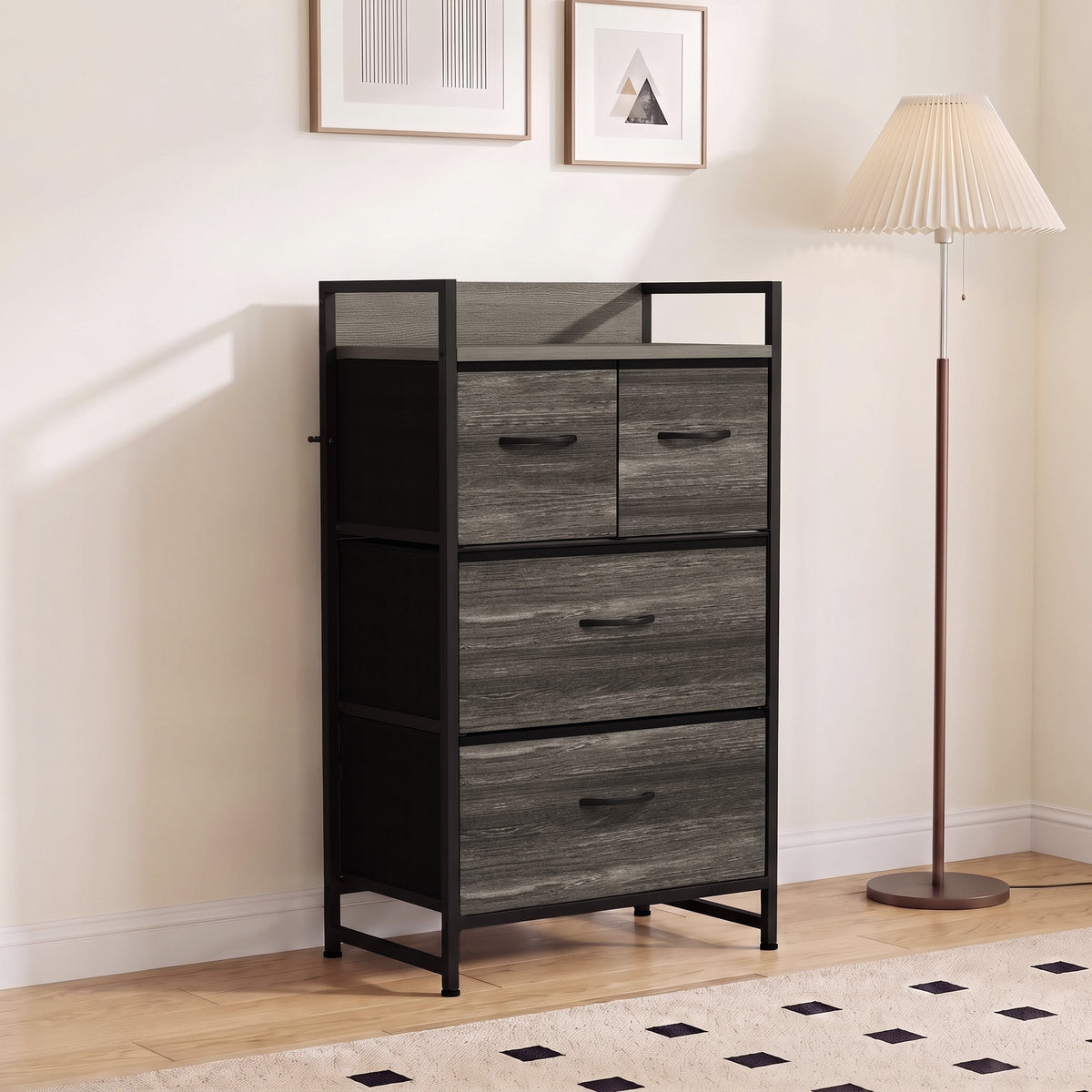 Meuble de Rangement Style Industriel, Commode 4 Tiroirs en Tissu Pliables et Amovibles et 1 Étagère, 50x29x85cm, Gris-1