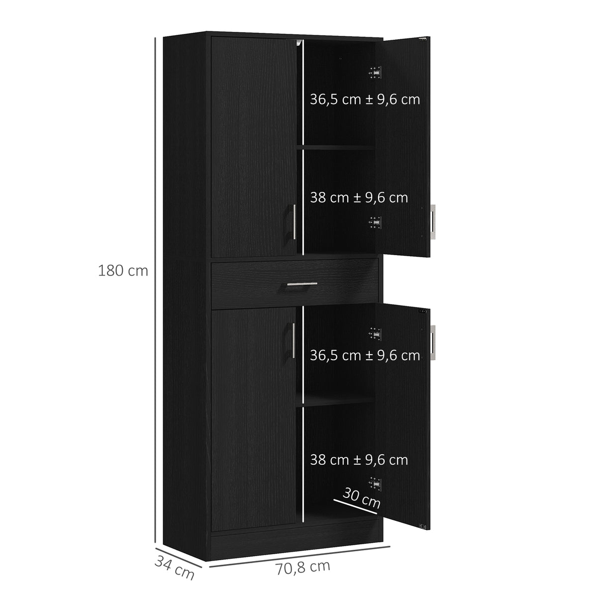 Buffet haut armoire de cuisine 4 portes 2 placards et 1 tiroir central hauteur 180 cm avec 2 étagères réglables noir-2