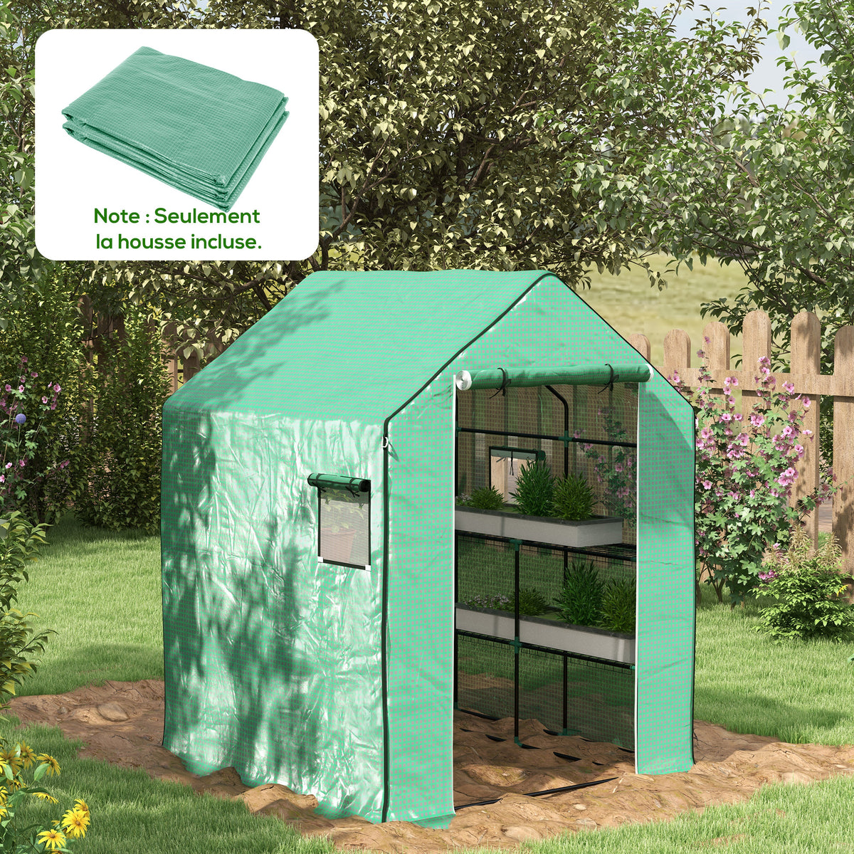 Bâche de remplacement pour serre de jardin 140 x 143 x 190 cm avec fenêtre et porte à fermeture éclair anti-UV-1