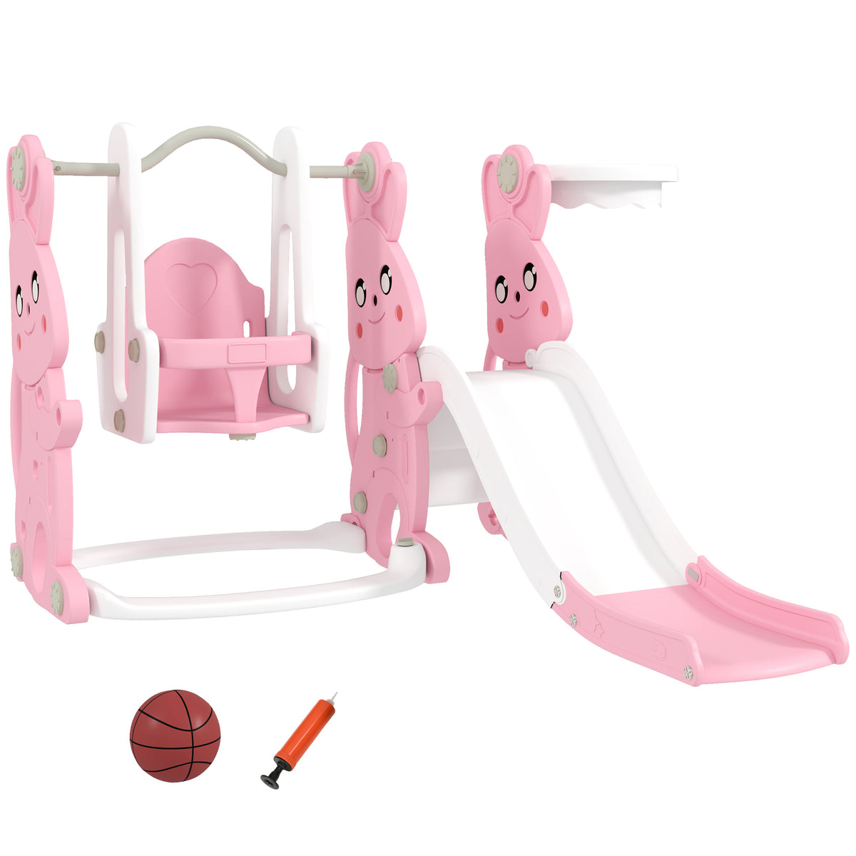 Toboggan et balançoire pour enfants 4 en 1 avec panier de basket, toboggan, balançoire, 147,5x160x107cm, rose-0