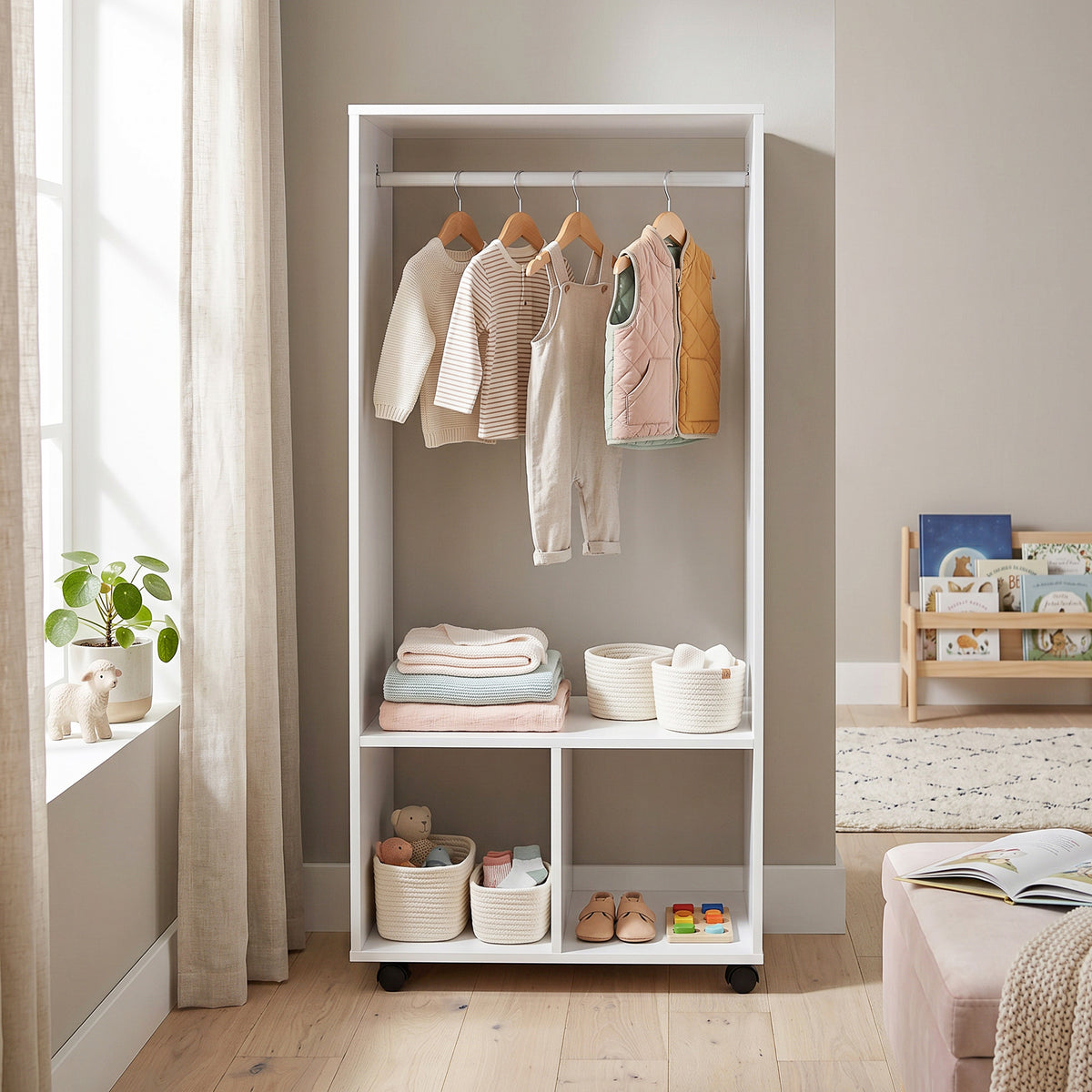 Armoire penderie étagère 2 niches 4 roulettes pivotantes dim. 60L x 40l x 128H cm Blanc-8