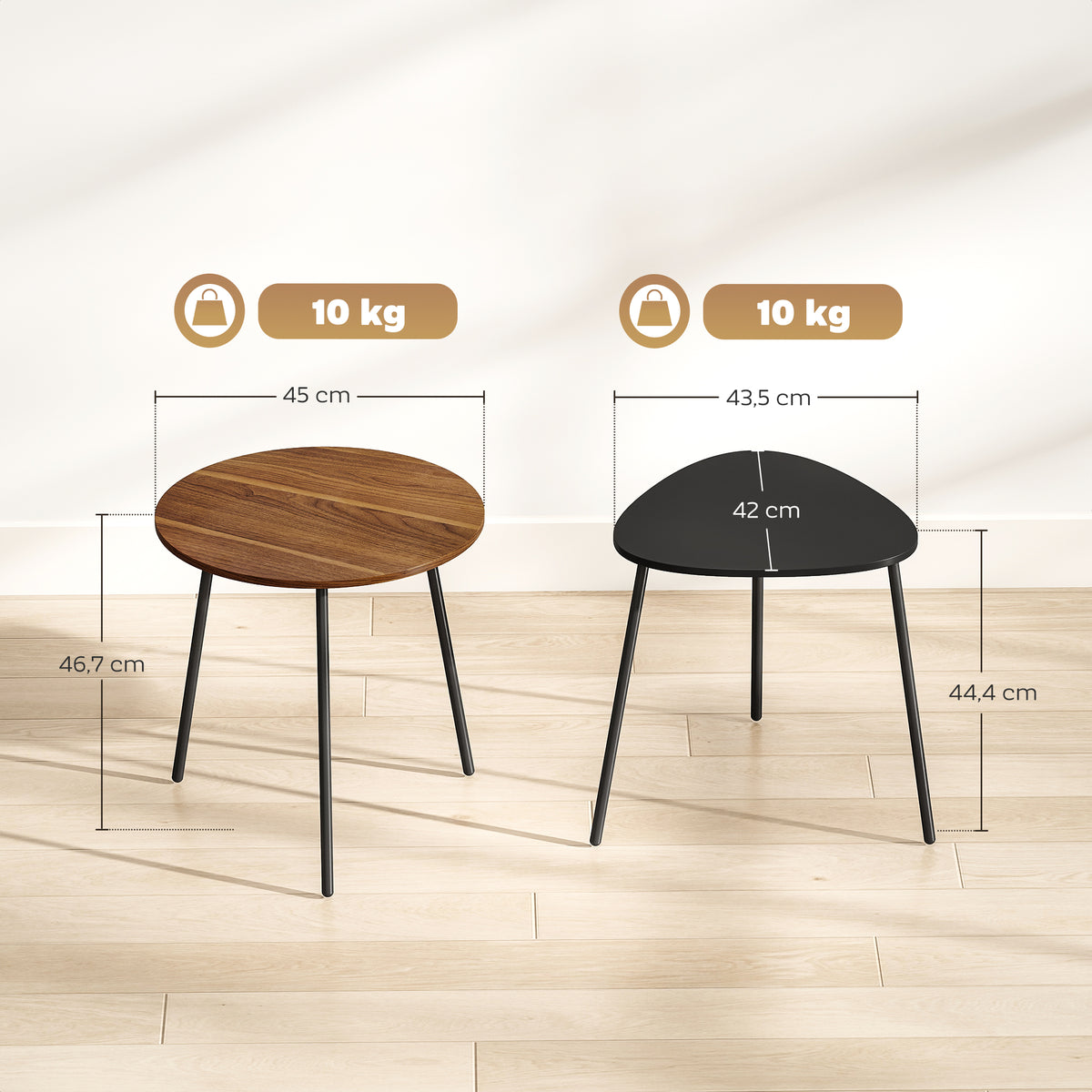 Lot de 2 tables basses gigognes, tables d'appoint contemporain cadre en métal, ronde et triangulaire, noyer et noir-2