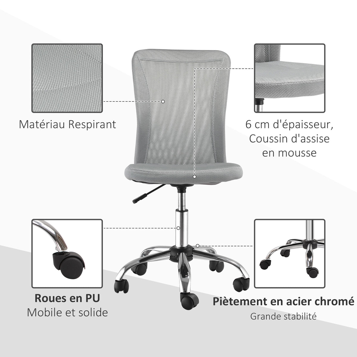 Lot 2 de chaises de bureau ergonomique hauteur réglable piètement chromé pivotant 360° revêtement maille gris-3