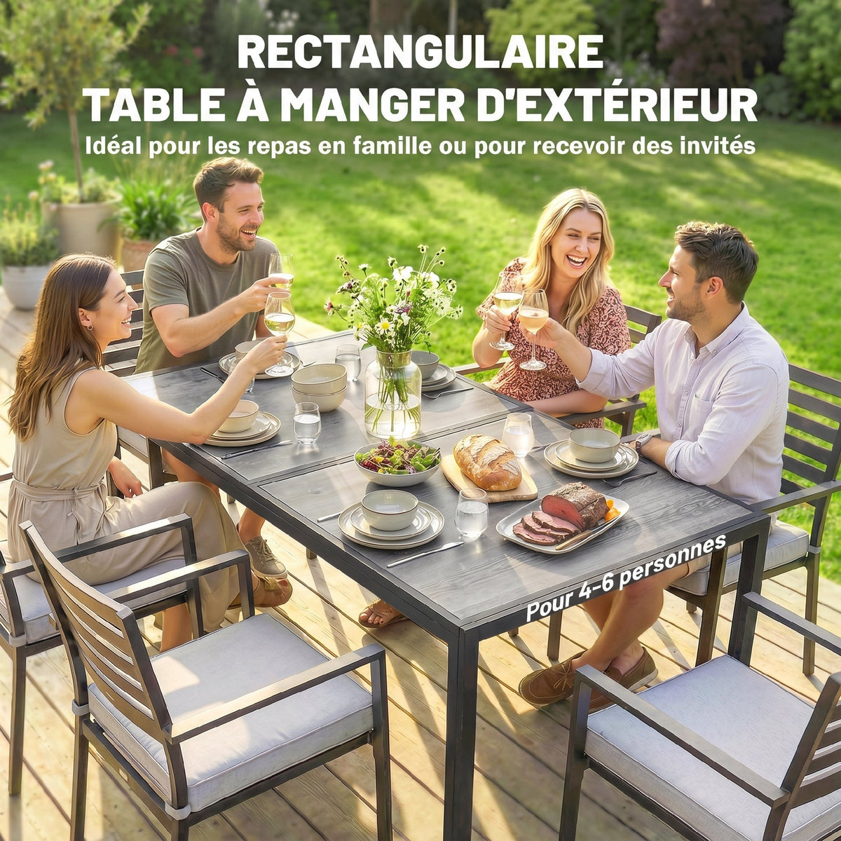 Table de jardin pour 4 à 6 personnes, table à manger extérieure avec plateau à effet bois, 150 x 80 x 74 cm, gris-3