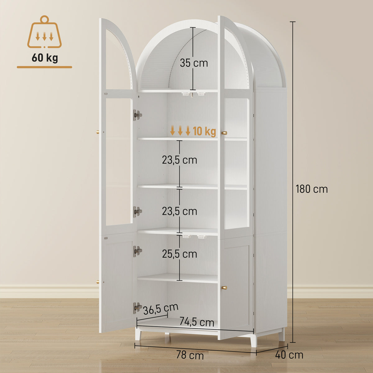 Armoire de cuisine, vaisselier vitrine avec 4 portes dont 2 en acrylique et étagères réglables, 78 x 40 x 180 cm, blanc-2