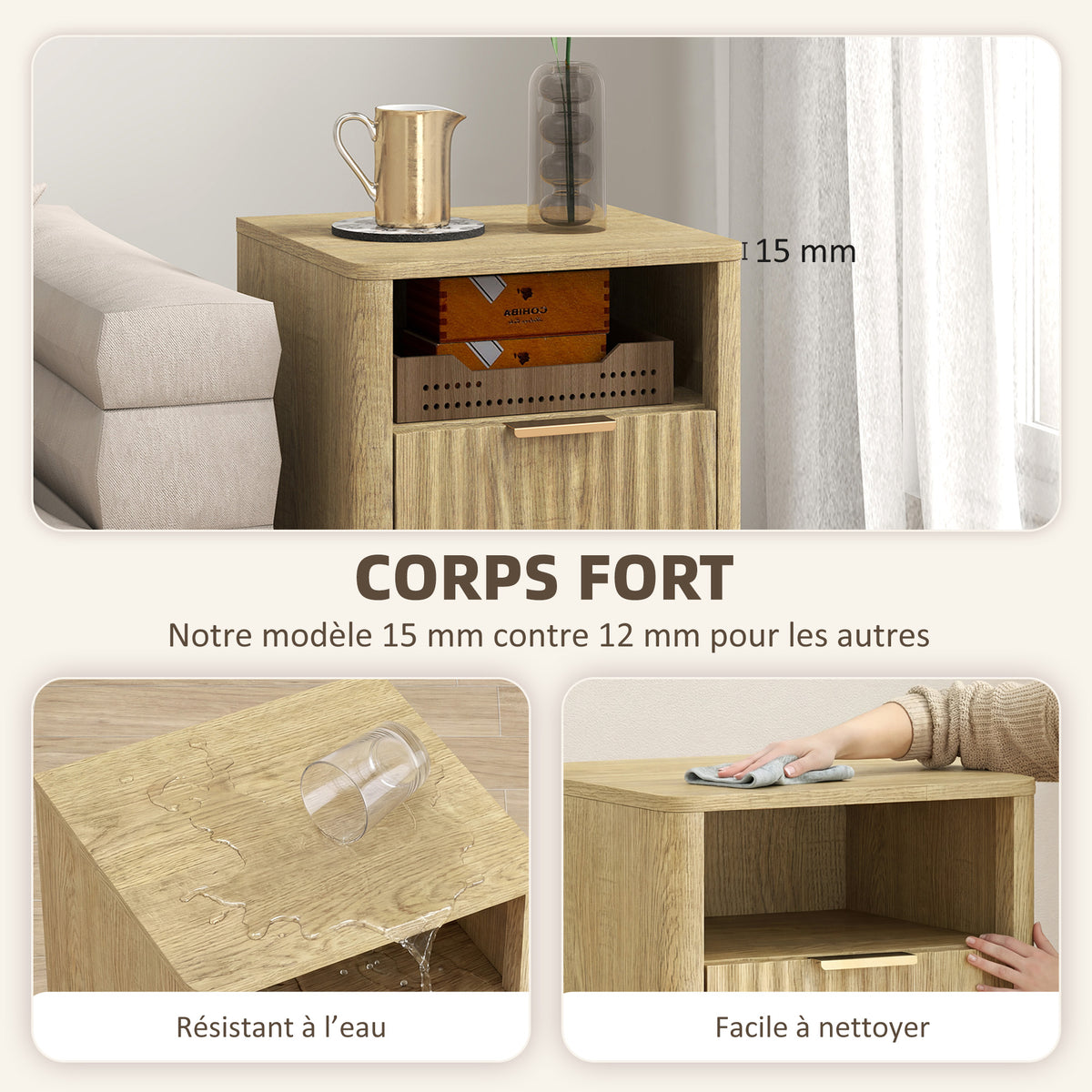 Lot de 2 tables de chevet, tables de nuit avec 2 tiroirs et compartiment ouvert, coins arrondis, 40 x 40 x 61 cm, chêne-4