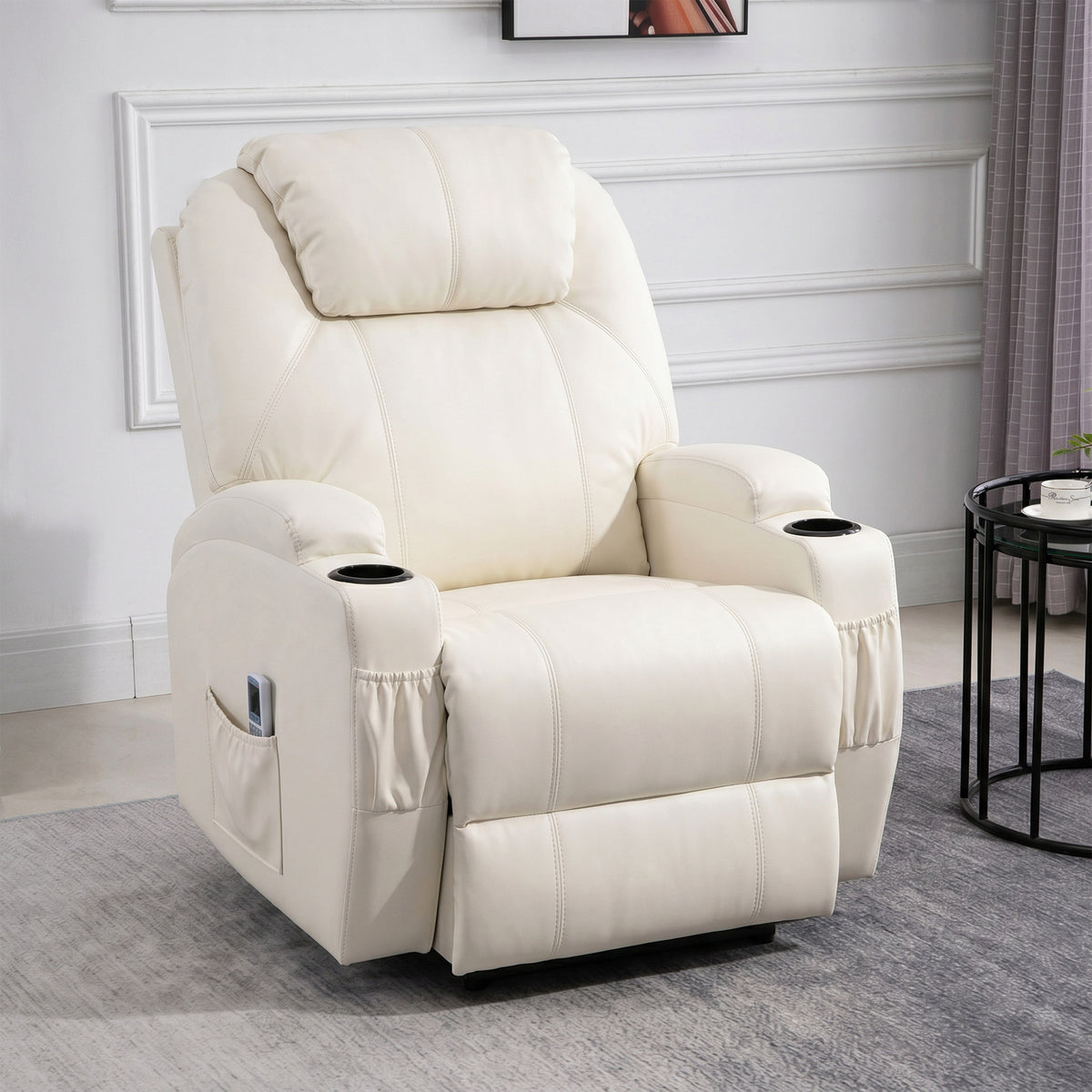 Fauteuil Luxe de Relaxation et Massage Inclinaison Dossier Repose-Pied électrique revêtement synthétique Crème-1