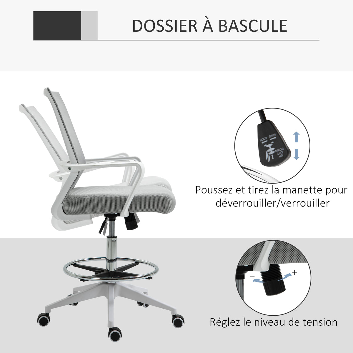 Lot de 2 fauteuils de bureau chaise de bureau assise haute réglable dim. 64L x 60l x 106-126H cm pivotant 360° maille-4