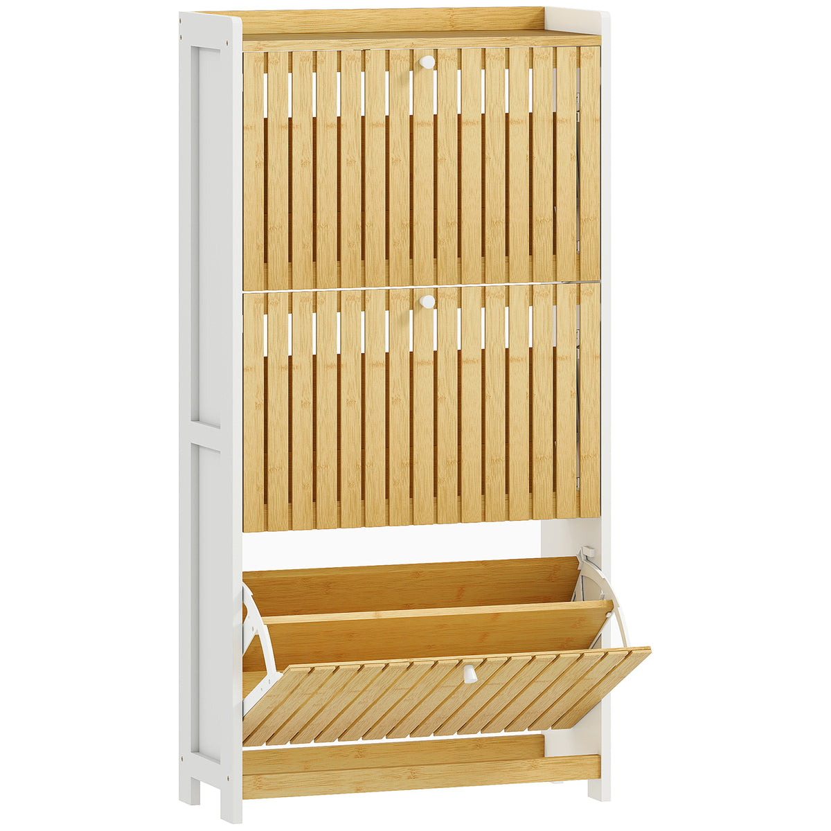 Meuble à chaussures 18 paires avec 3 tiroirs rabattables, portes en bambou à lattes, 60x24x118cm, blanc et bois naturel-0