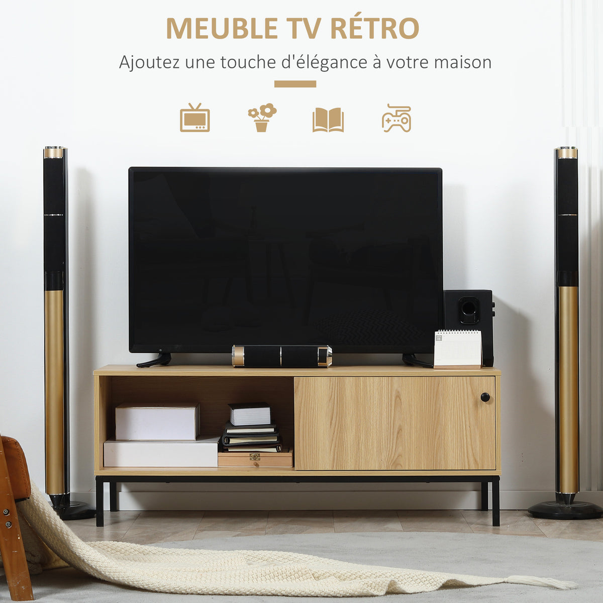 Meuble TV max. 50 pouces 3 compartiments 2 passe-câbles avec porte coulissante - dim. 120L x 39,5l x 46H cm-3