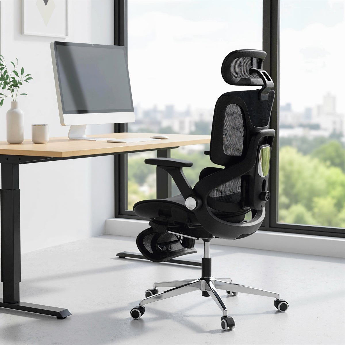 Chaise Bureau Ergonomique avec Accoudoirs 4D Appui-Tête et Profondeur d'Assise Réglables Maille Noir-1