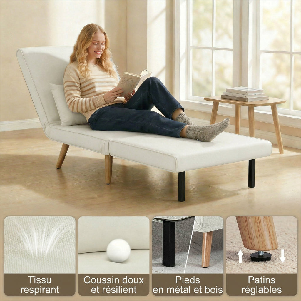 Fauteuil chauffeuse convertible 3 en 1 lit fauteuil lit 1 place dossier 5 positions en tissu avec coussin, crème-5