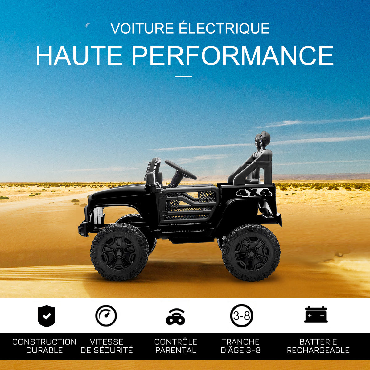 Voiture électrique pour enfants 12V avec télécommande, suspension à 4 roues, phares et klaxon, MP3, vitesse 3-5 km/h, pour 3-6 ans - noir-3