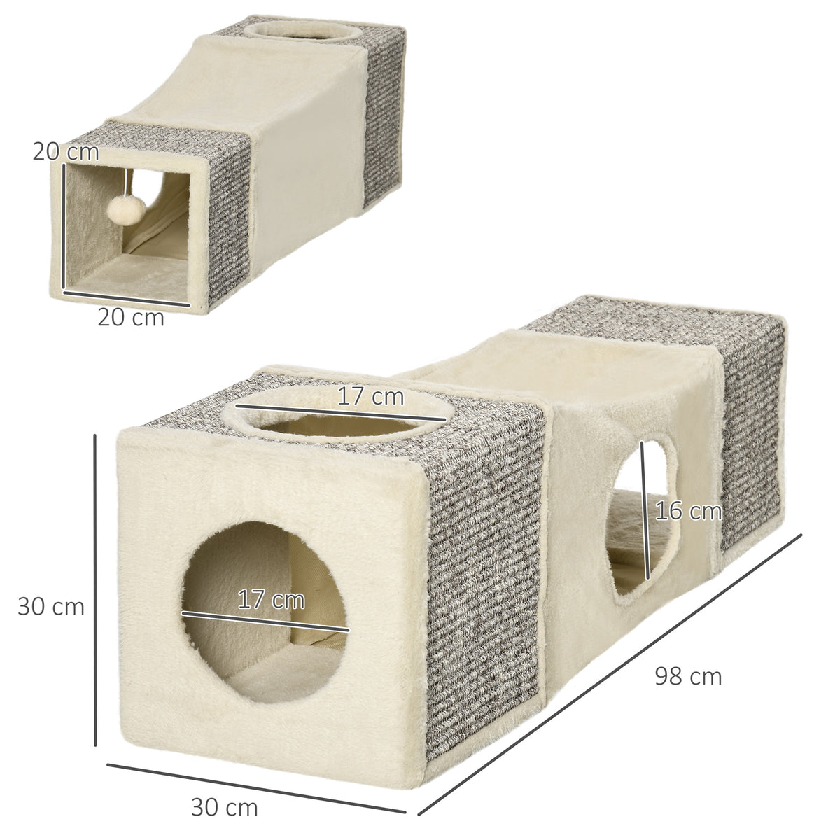 Tunnel pour chat intérieur jouets pour chats avec balle suspendue entrées multiples en sisal 98 x 30 x 30 cm crème-2