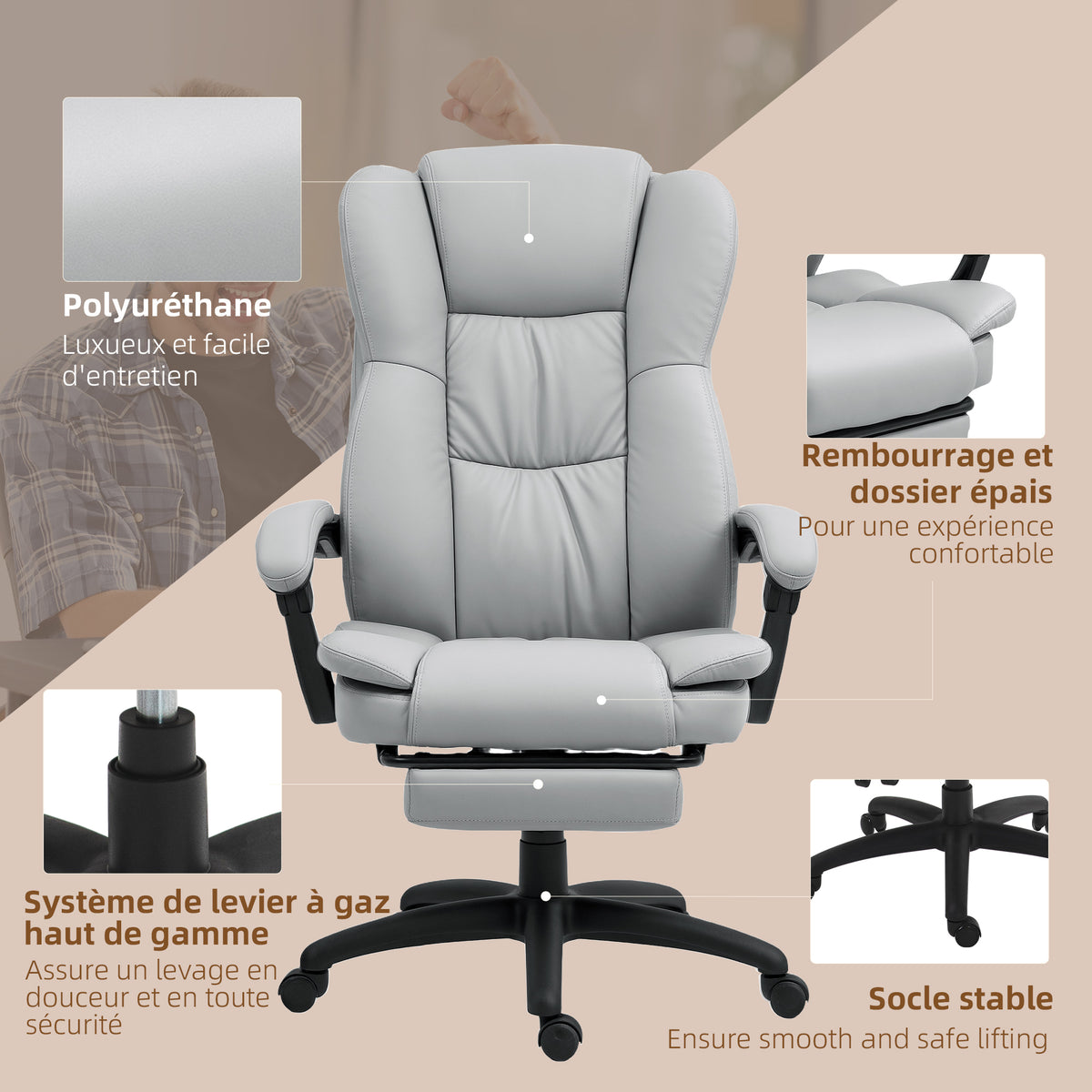 Fauteuil de bureau massant, chaise de bureau avec hauteur réglable, dossier inclinable et télécommande filaire, gris-7