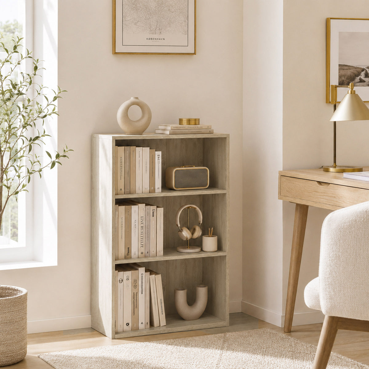 Bibliothèque étagère de rangement avec 3 compartiments et étagère réglable, 60 x 24 x 93 cm, bois naturel-5