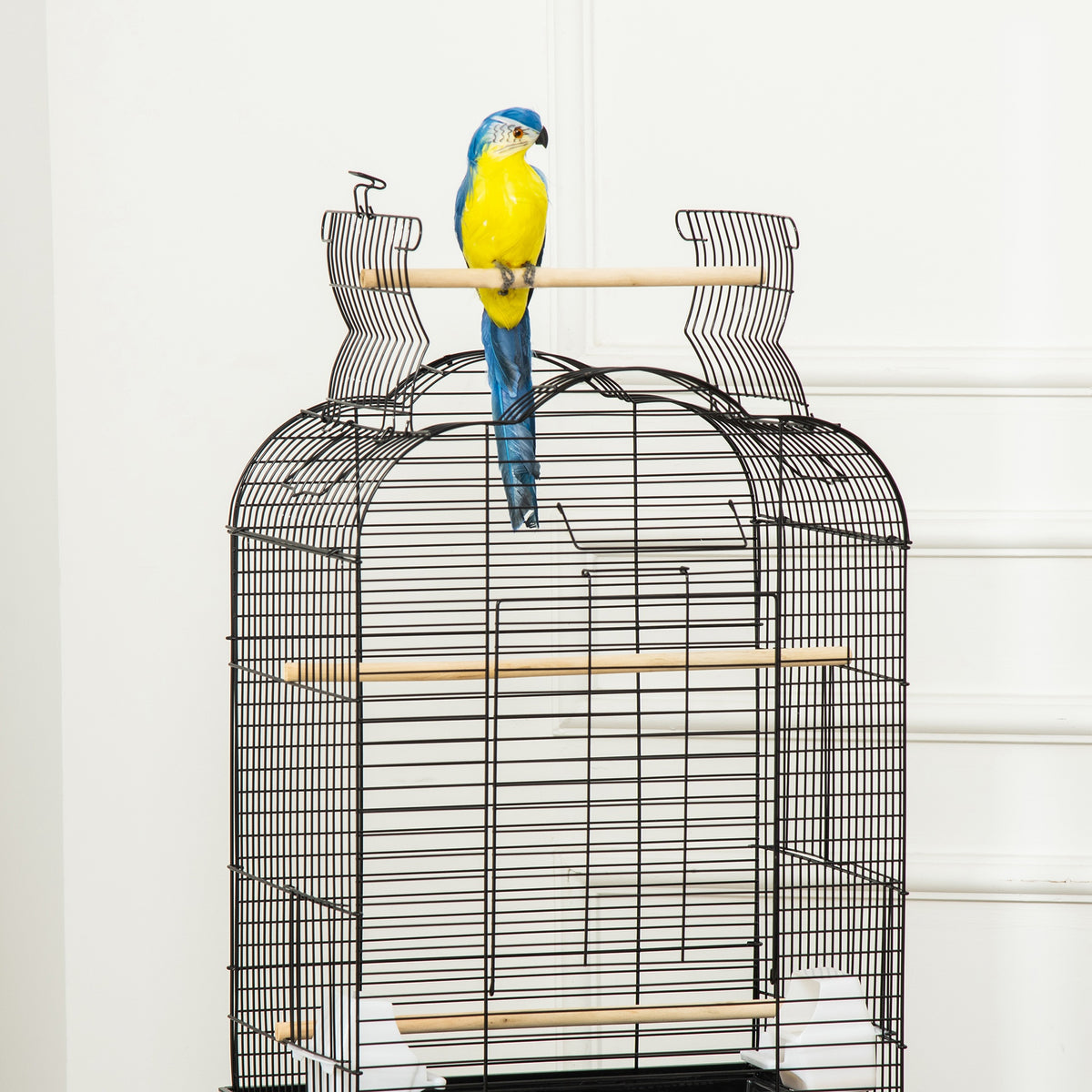 Cage à oiseaux volière pour oiseaux sur roulettes avec toit ouvrant 3 perchoirs étagère inférieure 46 x 36 x 130 cm noir-7