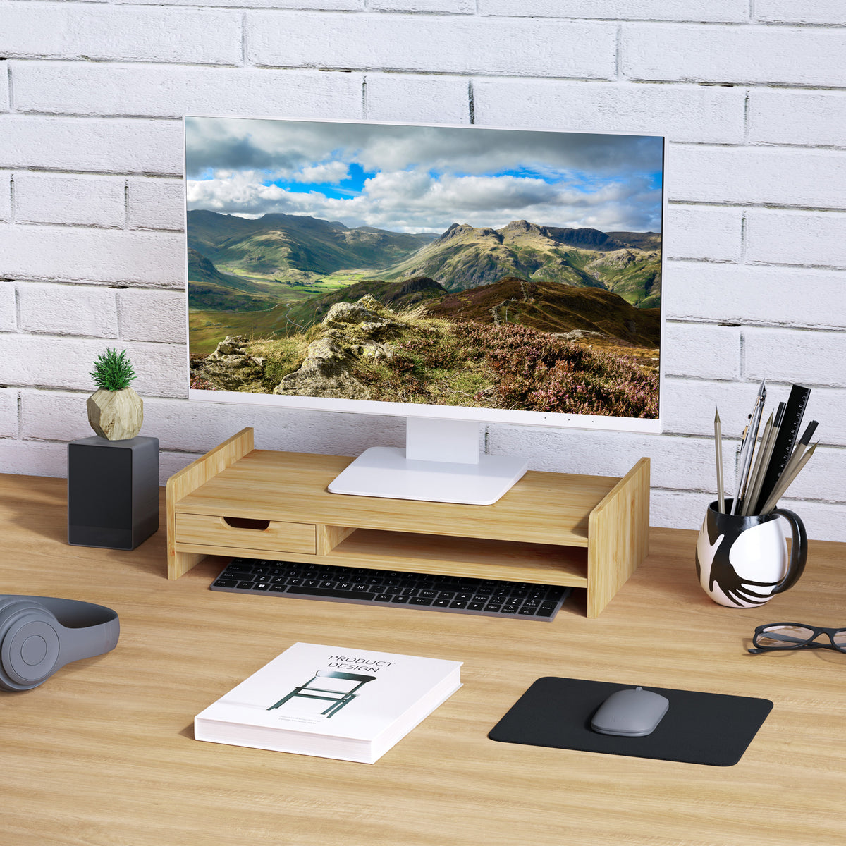 Support d'écran, Ordinateur portable Socle TV Ordinateur de bureau Organisateur avec tiroir Bambou-9