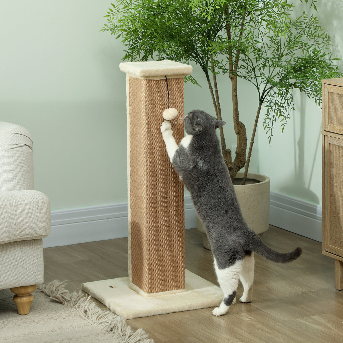Griffoir pour chat poteau griffoir chat en sisal et peluche, boule suspendue base stable 41 x 41 x 81 cm beige-1