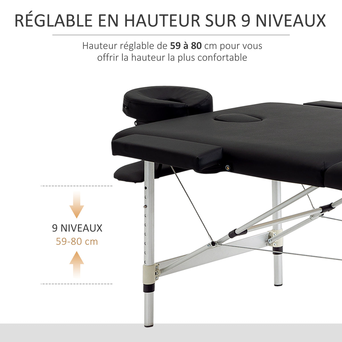 Table de massage pliable portable + housse de transport charge max. 225 Kg hauteur réglable 210 x 90 cm noir-3