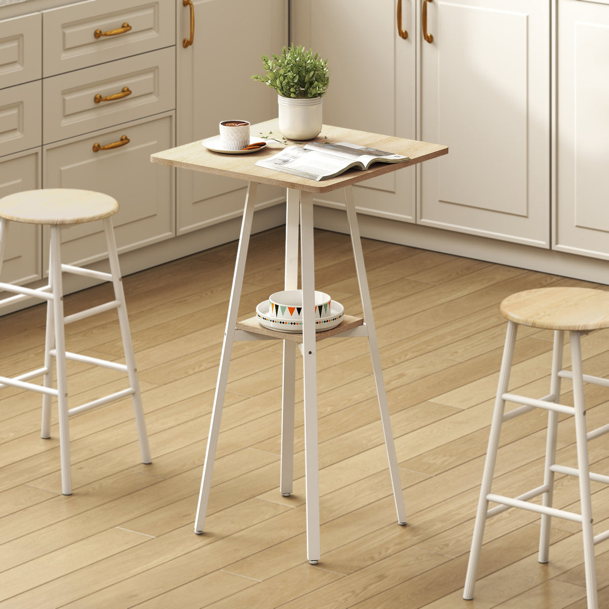 Table de bar carrée pour 2 personnes, table haute cuisine mange-debout avec étagère, 55 x 55 x 95 cm, naturel et blanc-1