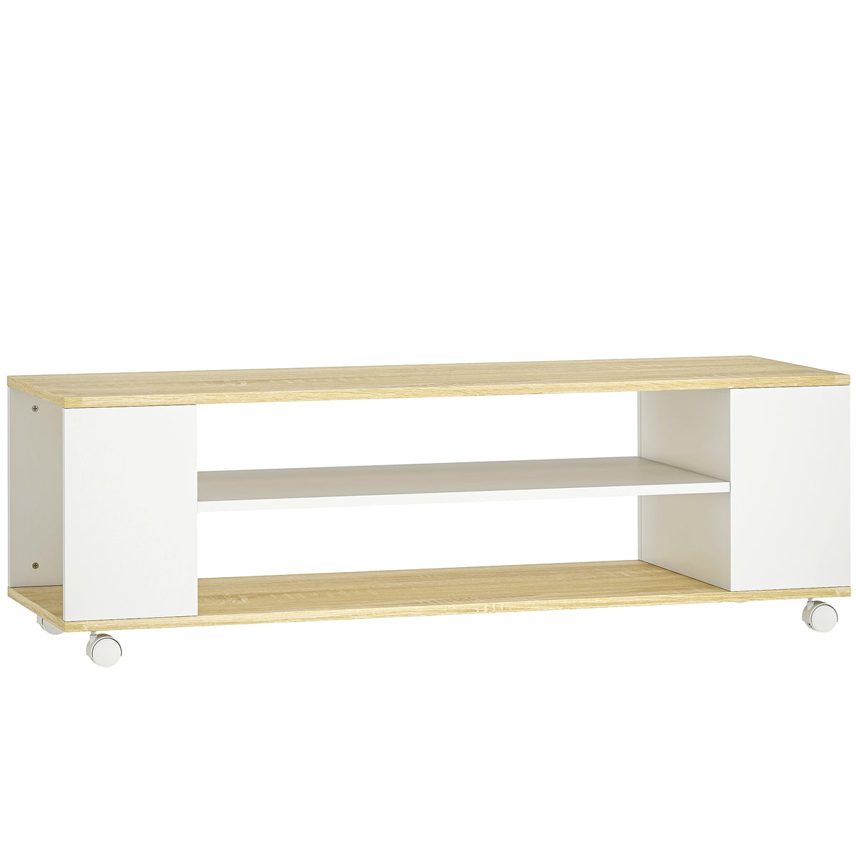 Meuble TV avec roulettes 120 cm, meuble télé pour téléviseur jusqu'à 55 pouces, 2 étagères ouvertes, blanc et naturel-0