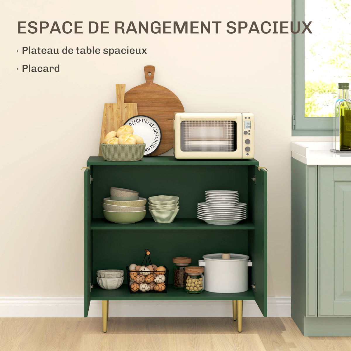 Buffet cuisine meuble de rangement avec 2 portes étagère réglable pieds métalliques surélevés 80 x 40 x 80 cm vert olive-3