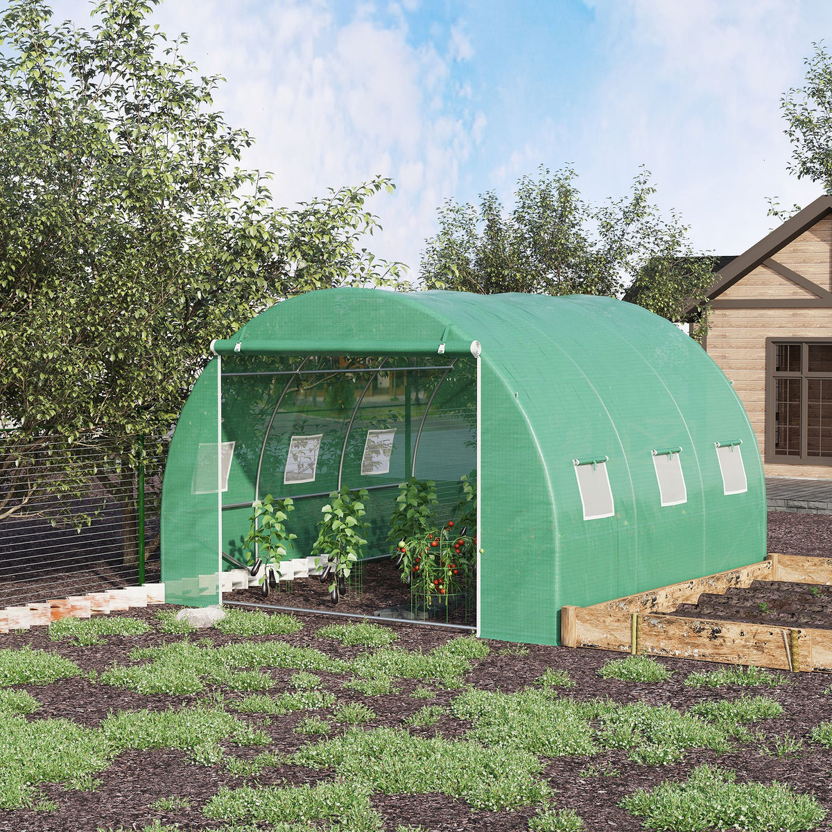 Serre de jardin 9 m² serre tunnel de jardin 3 x 3 x 2 m avec porte enroulable et 6 fenêtres en maille en acier PE vert-1