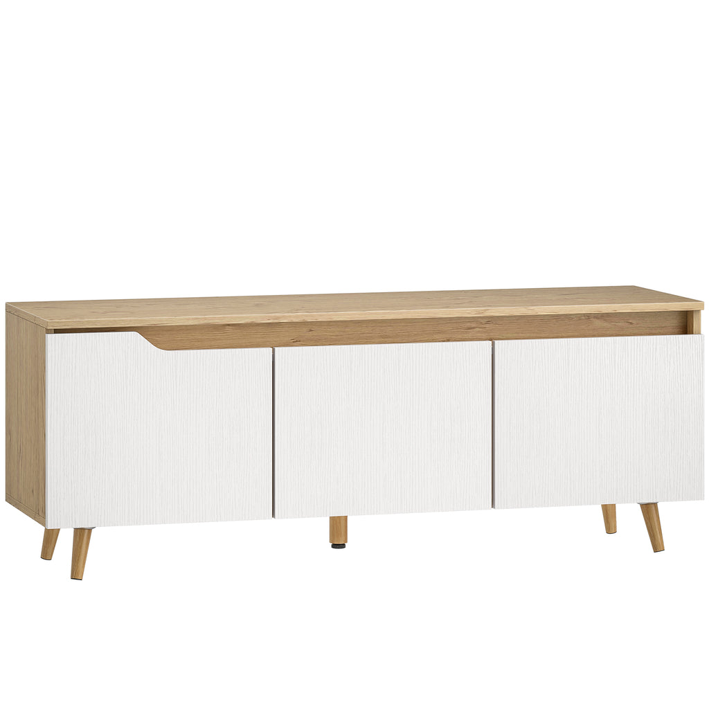 Meuble TV 120 cm, meuble télé pour téléviseur jusqu'à 55 pouces avec 3 portes, étagère réglable, chêne et blanc-0