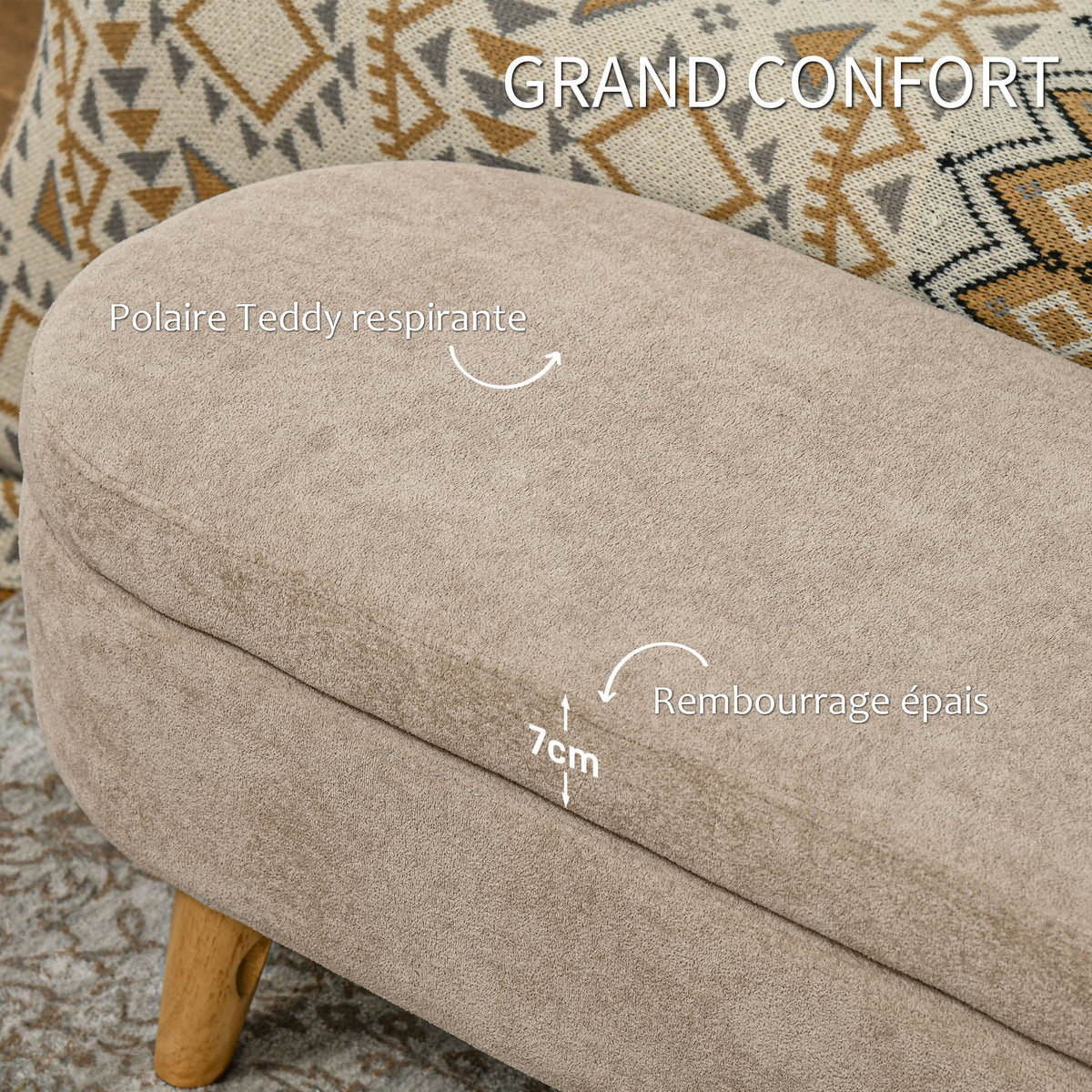 Banc banquette bout de lit coffre de rangement 2 en 1 en tissu avec pieds en bois 110l x 40P x 43H cm cm beige-4