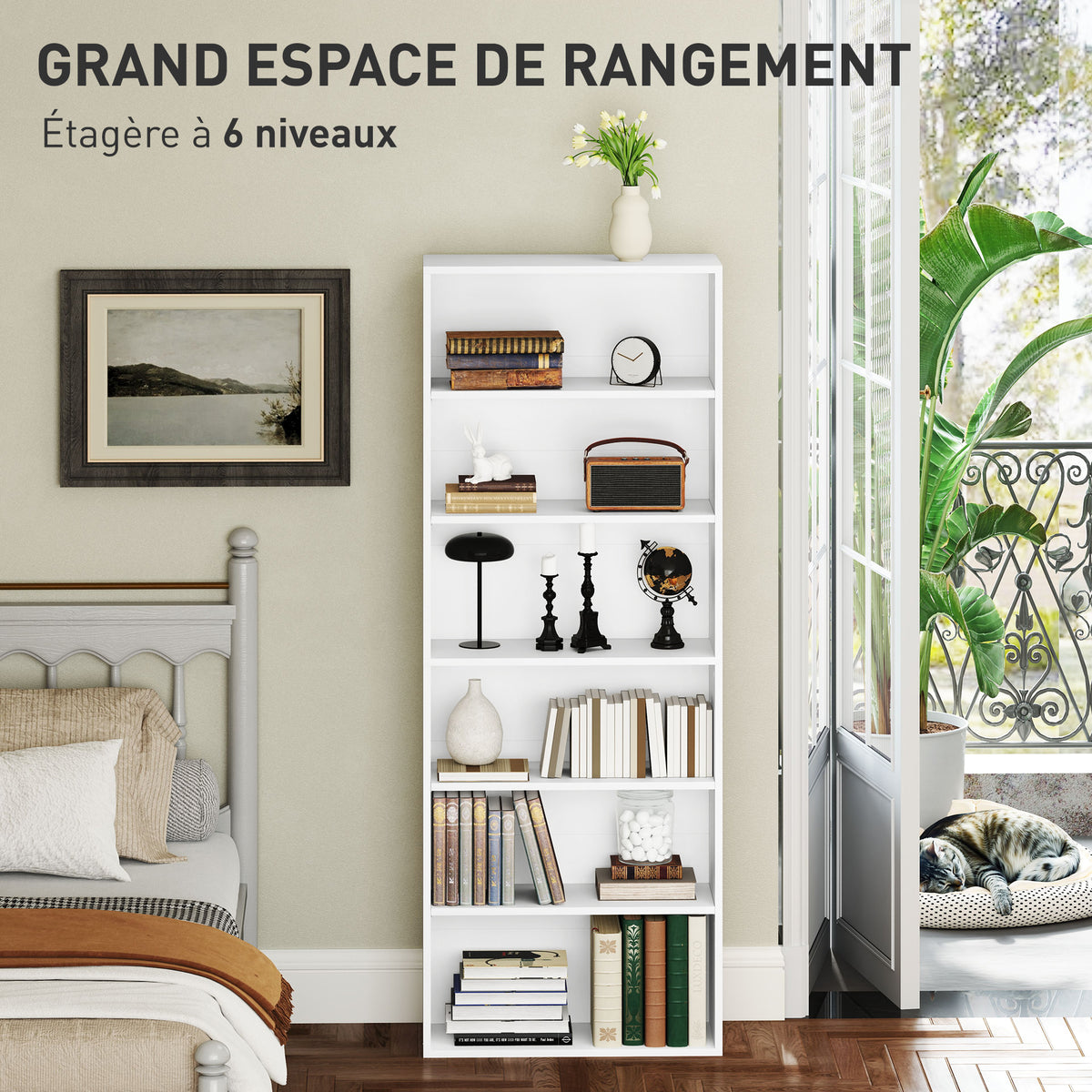 Bibliothèque étagère de rangement 6 niveaux avec étagères réglables pour salon, chambre, bureau, 60x24x158,5cm, blanc-3