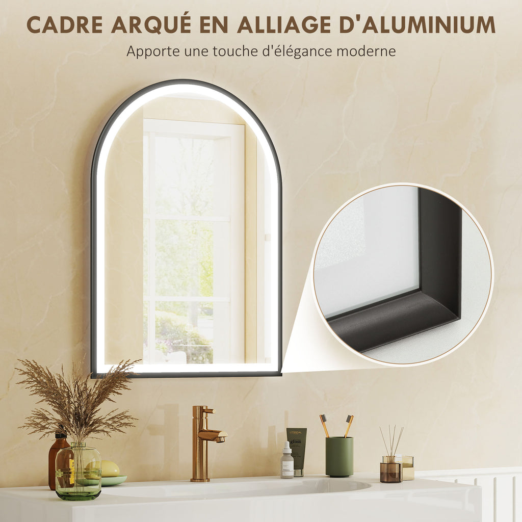 Miroir salle de bain avec éclairage 50 x 70 cm, miroir LED arqué, anti-buée, 3 couleurs lumière, dimmable, mémoire, noir-7