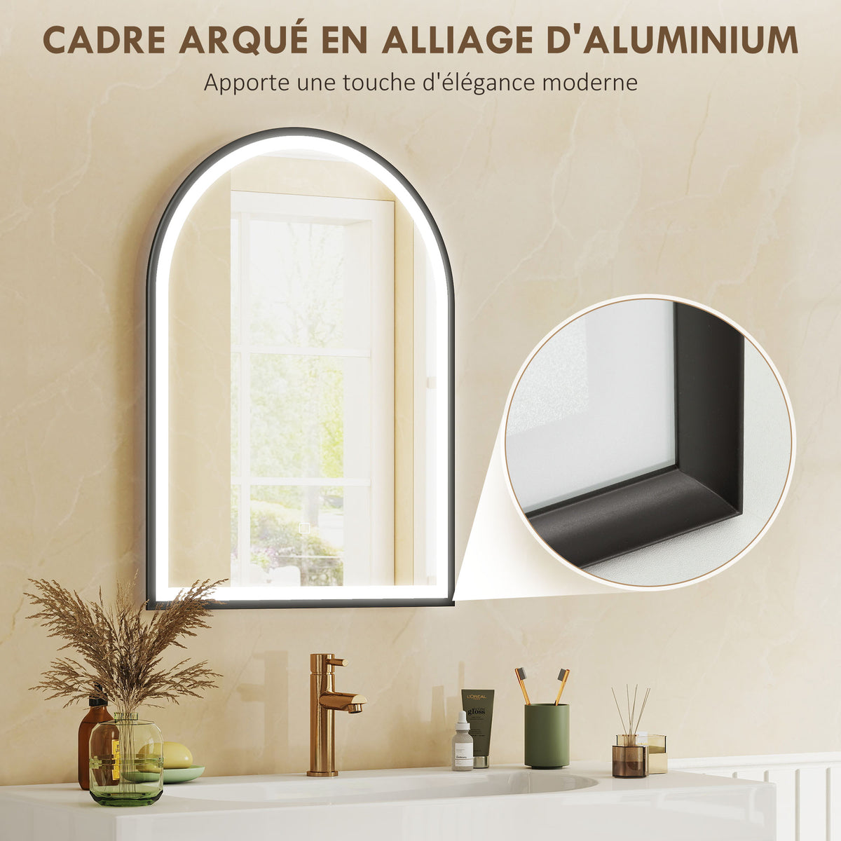 Miroir salle de bain avec éclairage 50 x 70 cm, miroir LED arqué, anti-buée, 3 couleurs lumière, dimmable, mémoire, noir-7