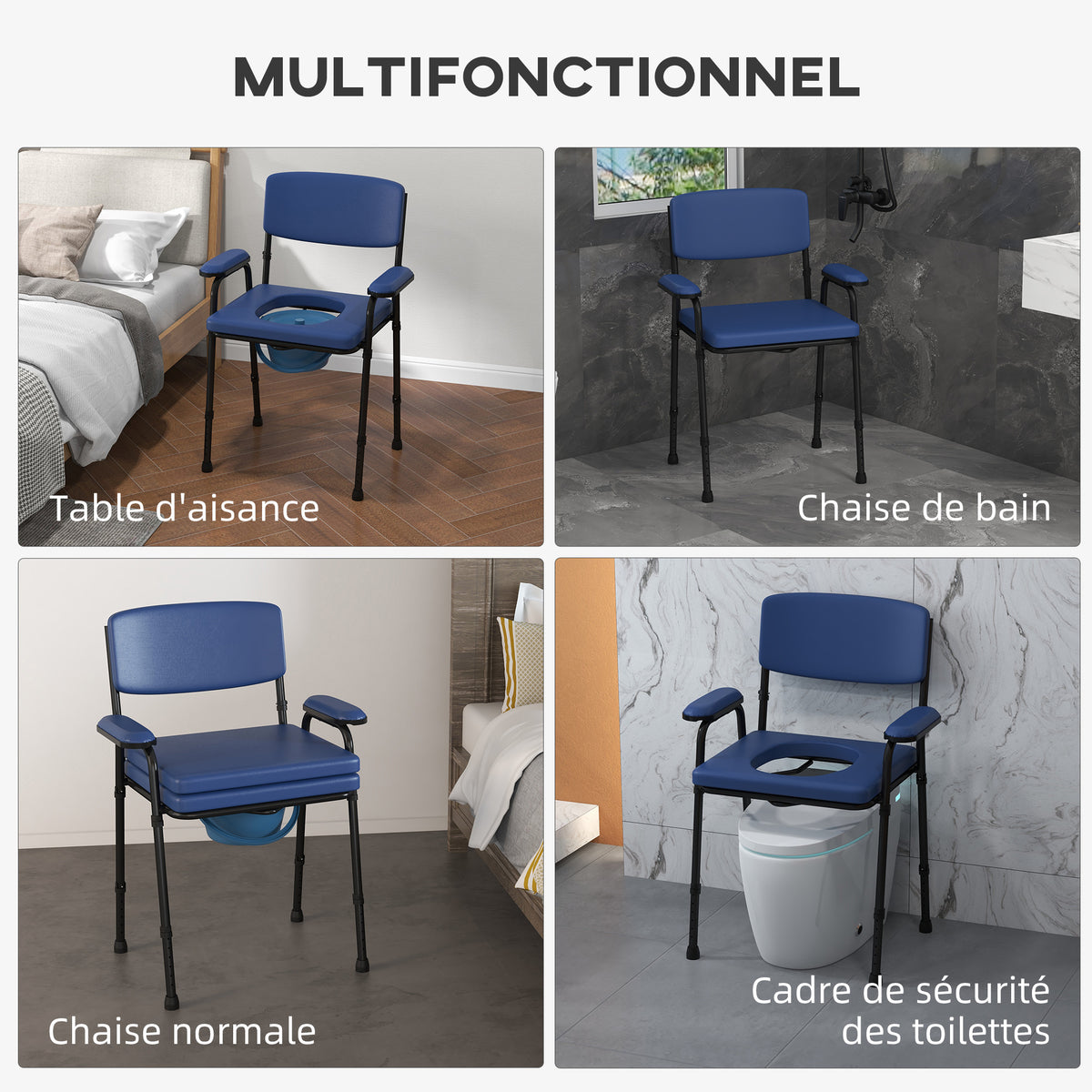 Chaise percée toilette multifonctions seau amovible hauteur réglable avec dossier siège et accoudoirs rembourrés bleu-3