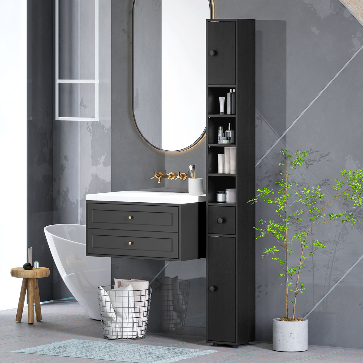 Colonne de rangement armoire haute pour salle de bain 1 tiroir 4 étagères réglables et 2 placards 20 x 20 x 180 cm noir-1