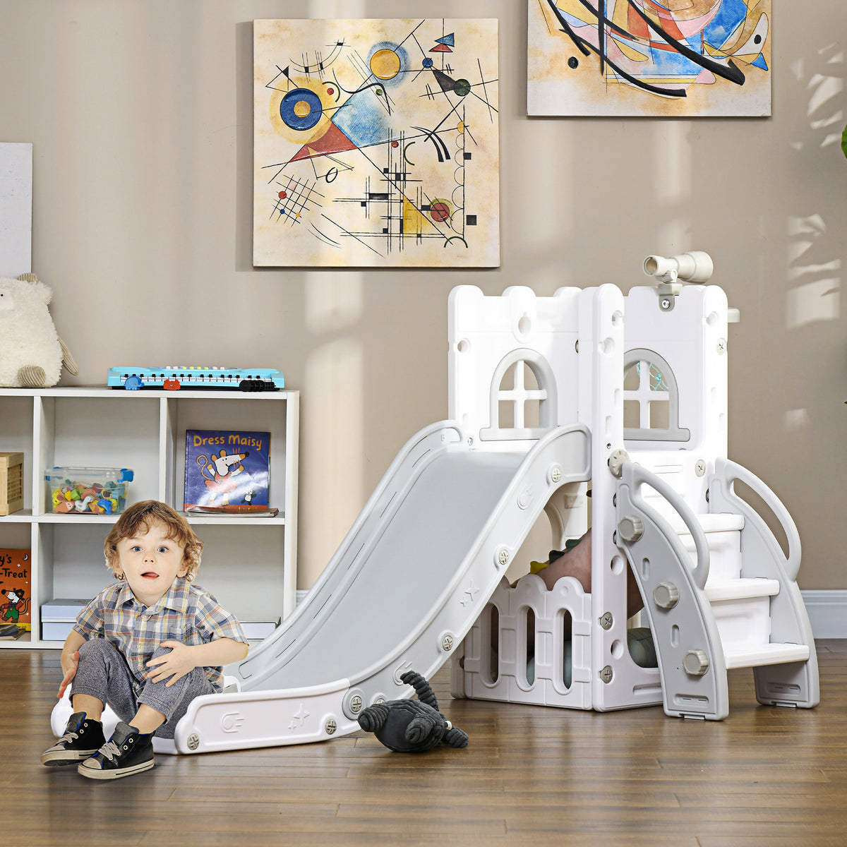 Toboggan pour enfants 5 en 1 avec panier de basket escalade télescope espace de rangement 70 x 177 x 92 cm gris-1