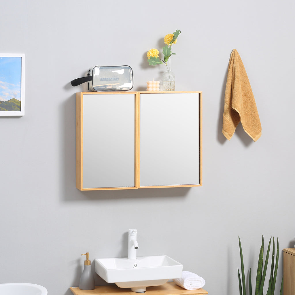 Armoire murale de salle de bain avec miroirs et 2 portes en bambou 65,2 x 14 x 50 cm-9