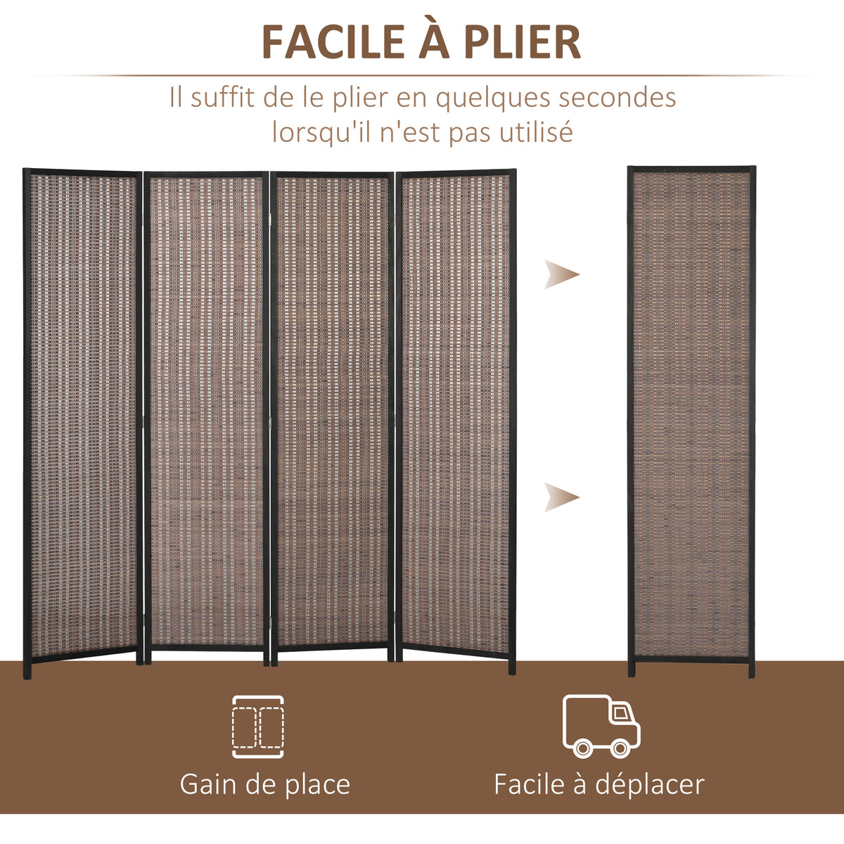 Paravent en bois séparateur de pièce closion de séparation pliable 4 panneaux 180 x 180 cm marron-5