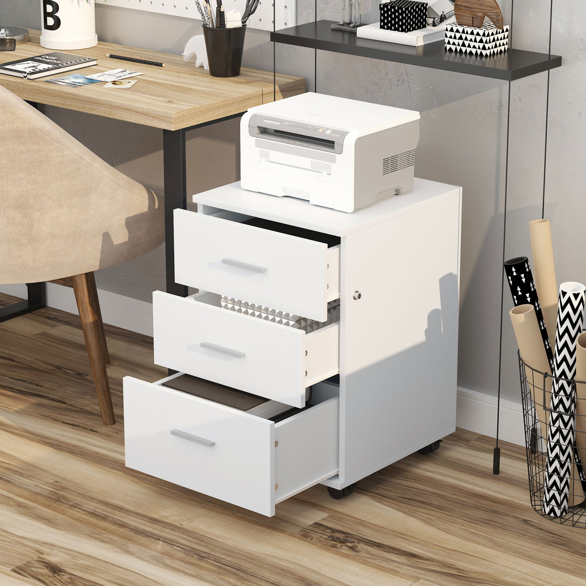 Caisson de Bureau Rangement Bureau sur Roulettes 3 Tiroirs Verrouillables 40 x 40 x 61,5 cm Blanc-9