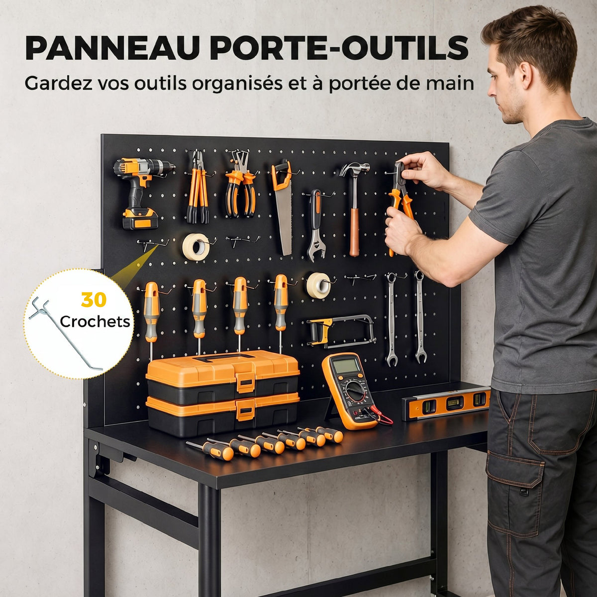 Établi d'atelier pliable à roulettes, 115x62x143,5cm, plan de travail avec panneau perforé, 30 crochets, noir-5