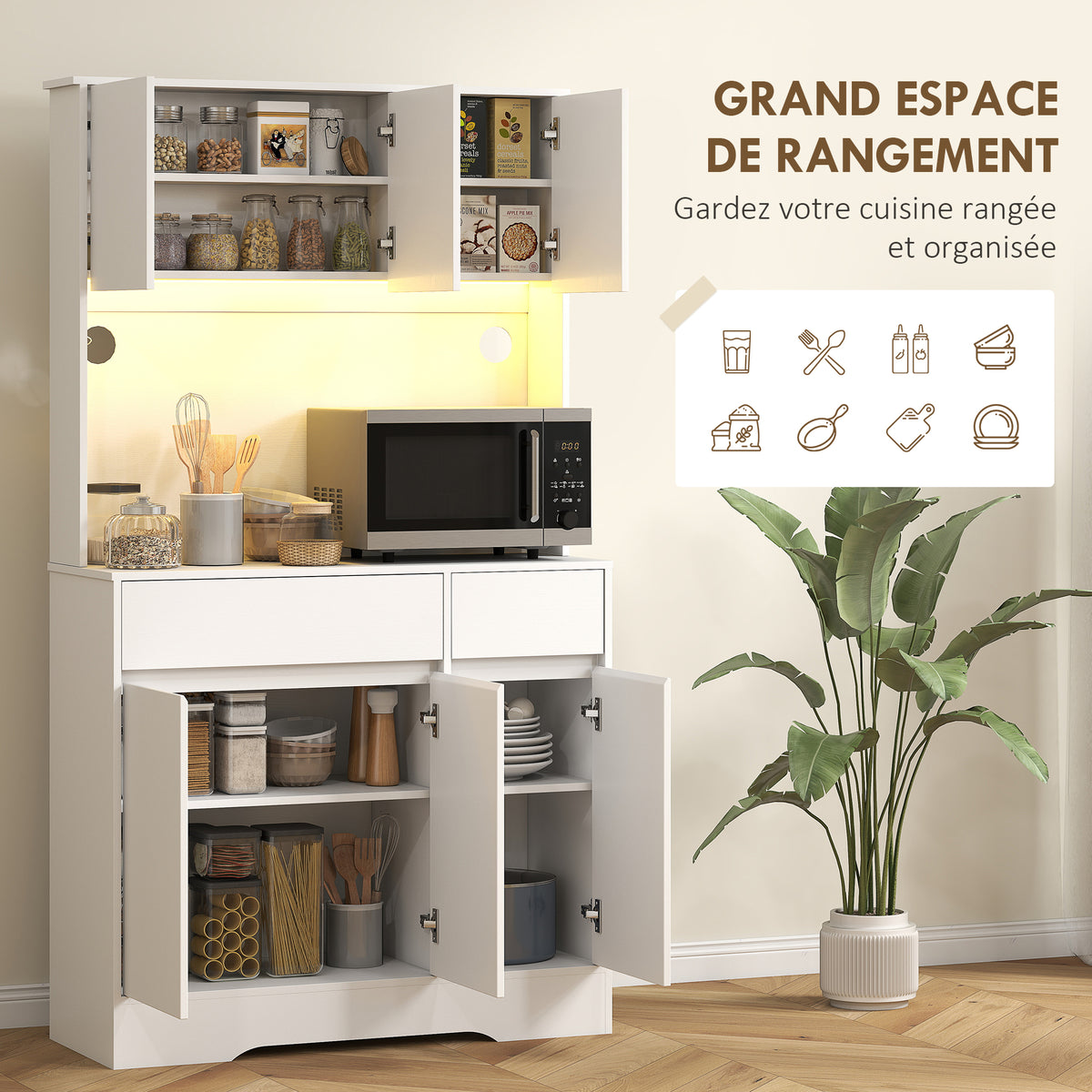 Buffet cuisine meuble cuisine rangement haut avec lumière LED RGB, plan de travail, 6 portes, 2 tiroirs, blanc-4
